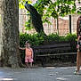 child, tree, peacock, bench, greenery, outdoor, park, fence, person, nature, sunlight, shadow, animal, bird, feathers, summer, curious, footwear, clothing, sidewalk