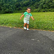 Daysean is registered to the contest to win money with this photo: toddler, child, outdoor, forest, greenery, grass, path, asphalt, overalls, shirt, shoes, smiling, walking, portrait, nature, park, trees, playful, daylight, photography