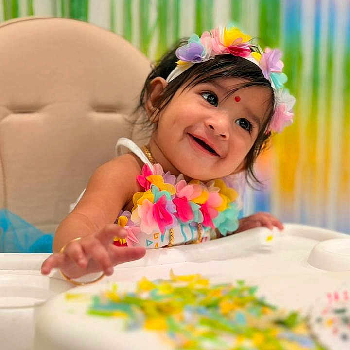 Iyrashambavi is registered to the contest to win money with this photo: baby, birthday_cake, celebration, child, colorful, cute, decorations, festive, flower_headband, food, happy, headwear, high_chair, indoors, infant, jewelry, person, portrait, smiling, table