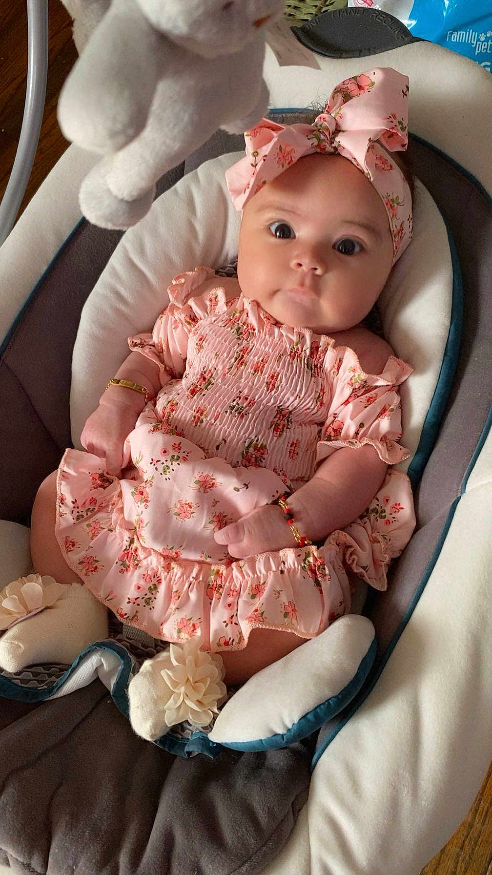 Katalia Harris joined the competition — help win amazing prizes! baby, infant, pink_dress, headband, plush_toy, baby_seat, cushion, bracelet, flower_pattern, soft_toy, indoors, cute, child, portrait, baby_clothes, comfortable, sitting, adorable, young_child, baby_accessories