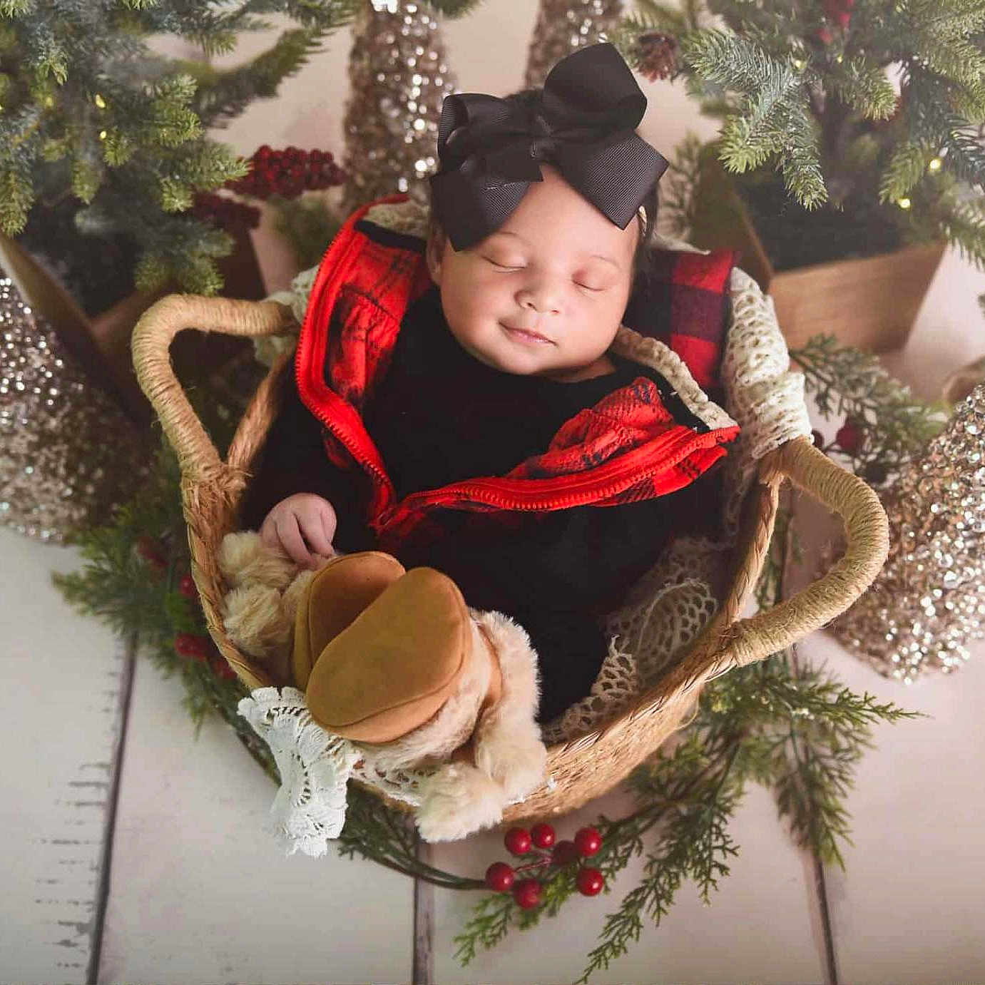 Bisma is registered to the contest to win money with this photo: baby, basket, black_bow, boots, closed_eyes, cozy, decorations, evergreen, festive, floor, glitter, holiday, indoor, infant, plaid, red, sleeping, winter, wood_floor, wreath
