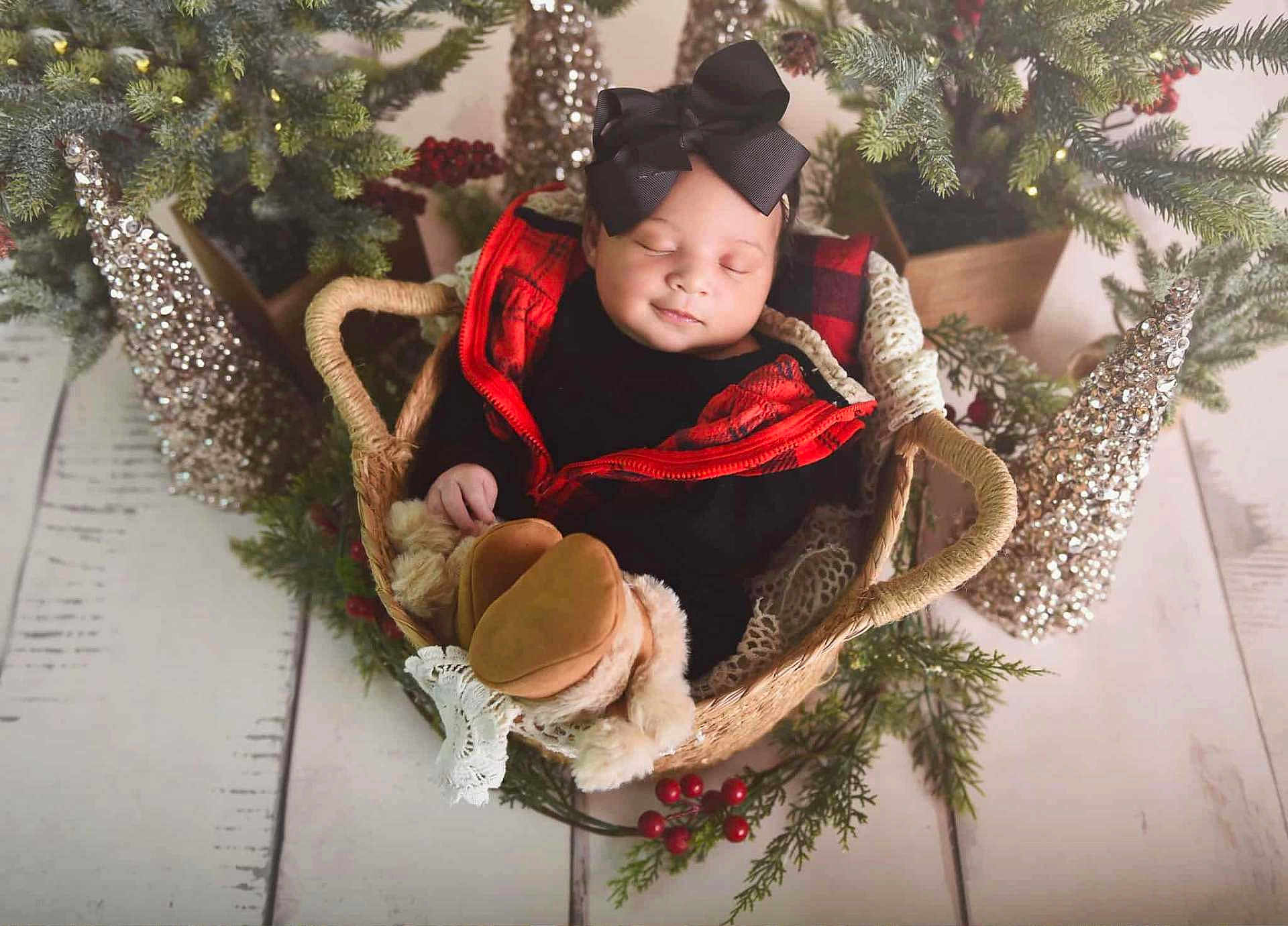 Bisma is registered to the contest to win money with this photo: baby, basket, boots, black_bow, closed_eyes, cozy, decorations, evergreen, festive, floor, glitter, holiday, indoor, infant, plaid, red, sleeping, winter, wood_floor, wreath
