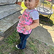 Mia Govero is registered to the contest to win money with this photo: toddler, child, outdoor, grass, jeans, pink_top, smile, dimples, concrete_steps, trampoline, sunlight, playing, young_child, casual_clothing, daytime, person, footwear, side_view, nature, happy