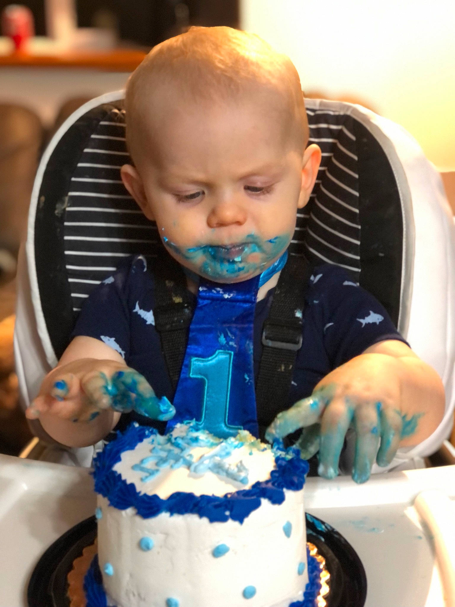 Carter is registered to the contest to win money with this photo: baby, birthday_cake, blue, buttercream, cake, cake_decorating, cake_decorating_supply, chair, child, cream, cuisine, dessert, event, fondant, food, person, plate, sugar_cake, sugar_paste, tableware