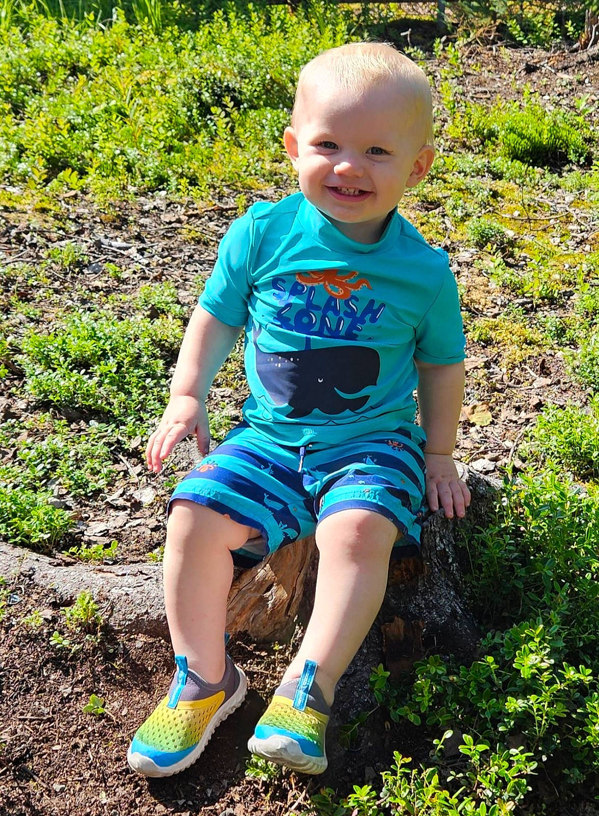 Carter joined the competition — help win amazing prizes! baby_toddler_clothing, child, electric_blue, fun, garden, grass, grass_family, happy, human_leg, joy, leg, leisure, pattern, people_in_nature, person, plant, shorts, sitting, smile, summer