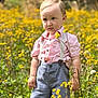 child, toddler, boy, field, flowers, yellow_flowers, outdoor, nature, greenery, grass, summer, shorts, shirt, suspenders, face, portrait, standing, serious, daylight, person