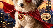 Ilang participe au concours pour gagner de l'argent avec cette photo : dog, superhero, cape, mask, cityscape, sunset, rooftop, sign, paw_print, comic_style, speech_bubble, building, sky, fur, pet, costume, cute, adorable, animal, posing