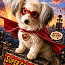dog, superhero, cape, mask, cityscape, sunset, rooftop, sign, paw_print, comic_style, speech_bubble, building, sky, fur, pet, costume, cute, adorable, animal, posing