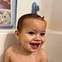 baby, babylaughing, bathing, bathroom, bathtub, bodypart, face, finger, hand, happy, head, indoors, mouth, person, photography, portrait, room, smile, teeth, tub