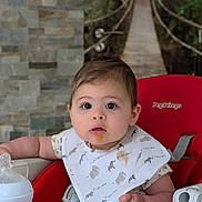 Lia participe au concours pour gagner de l'argent avec cette photo : baby, bib, high_chair, baby_food, bottle, red, face, child, feeding, curious, indoor, person, clothing, seat, expression, cute, young, infant, animal_print, background