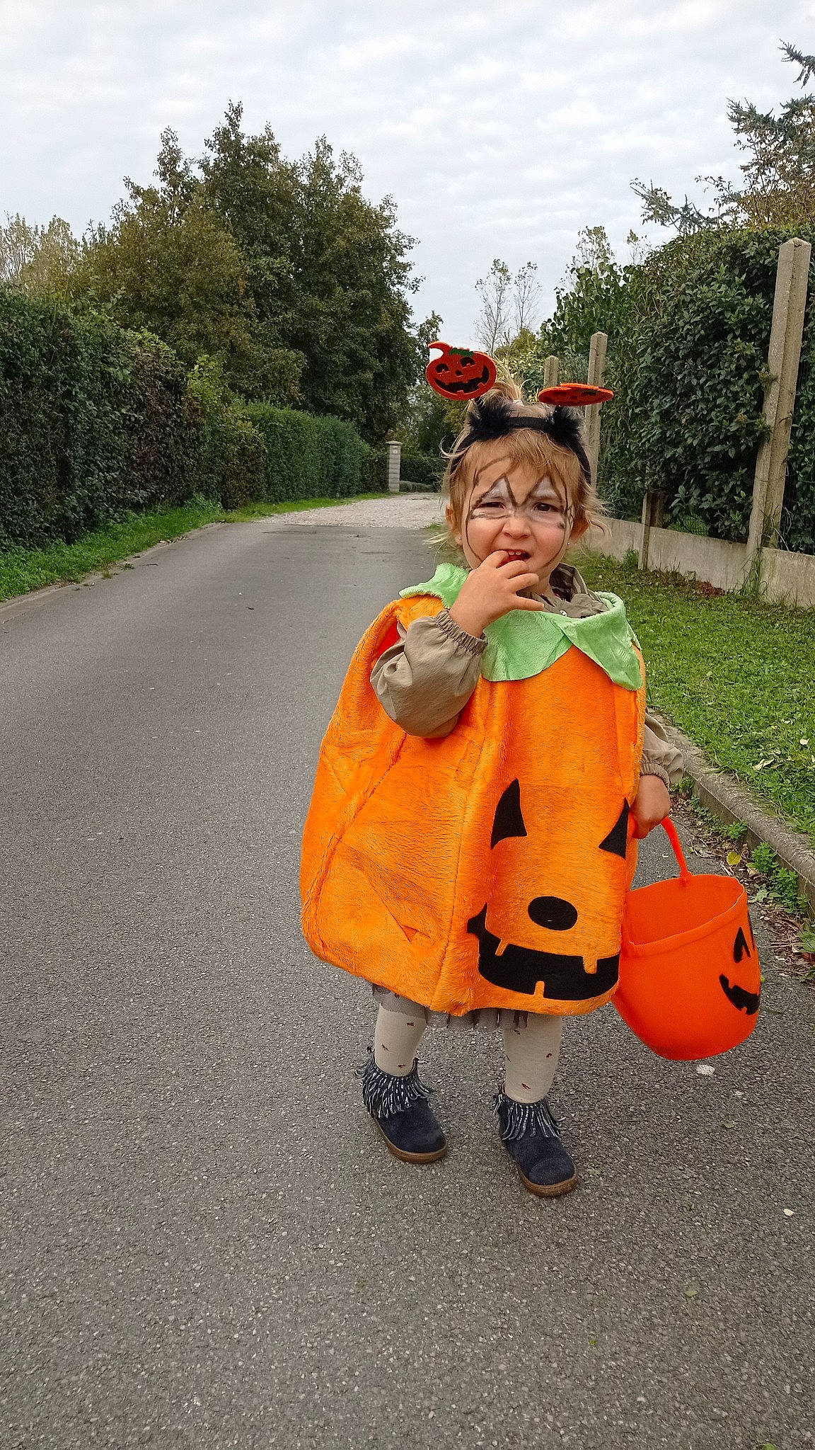 Capucine a rejoint le concours — aidez-le/la à gagner de superbes lots ! asphalt, calabaza, costume, dress, fun, grass, hat, leisure, orange, person, plant, pumpkin, road_surface, sky, sleeve, stuffed_toy, toddler, toy, travel, tree