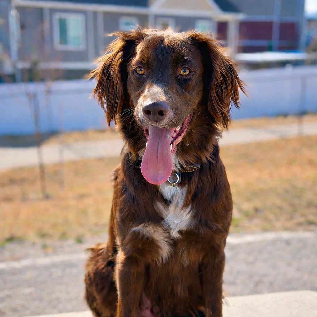 Finn is registered to the contest to win money with this photo: dog, brown_dog, tongue_out, outdoor, pet, happy, canine, animal, collar, fur, sitting, suburban, yard, sunny, daytime, portrait, cute, friendly, mammal, domestic_animal