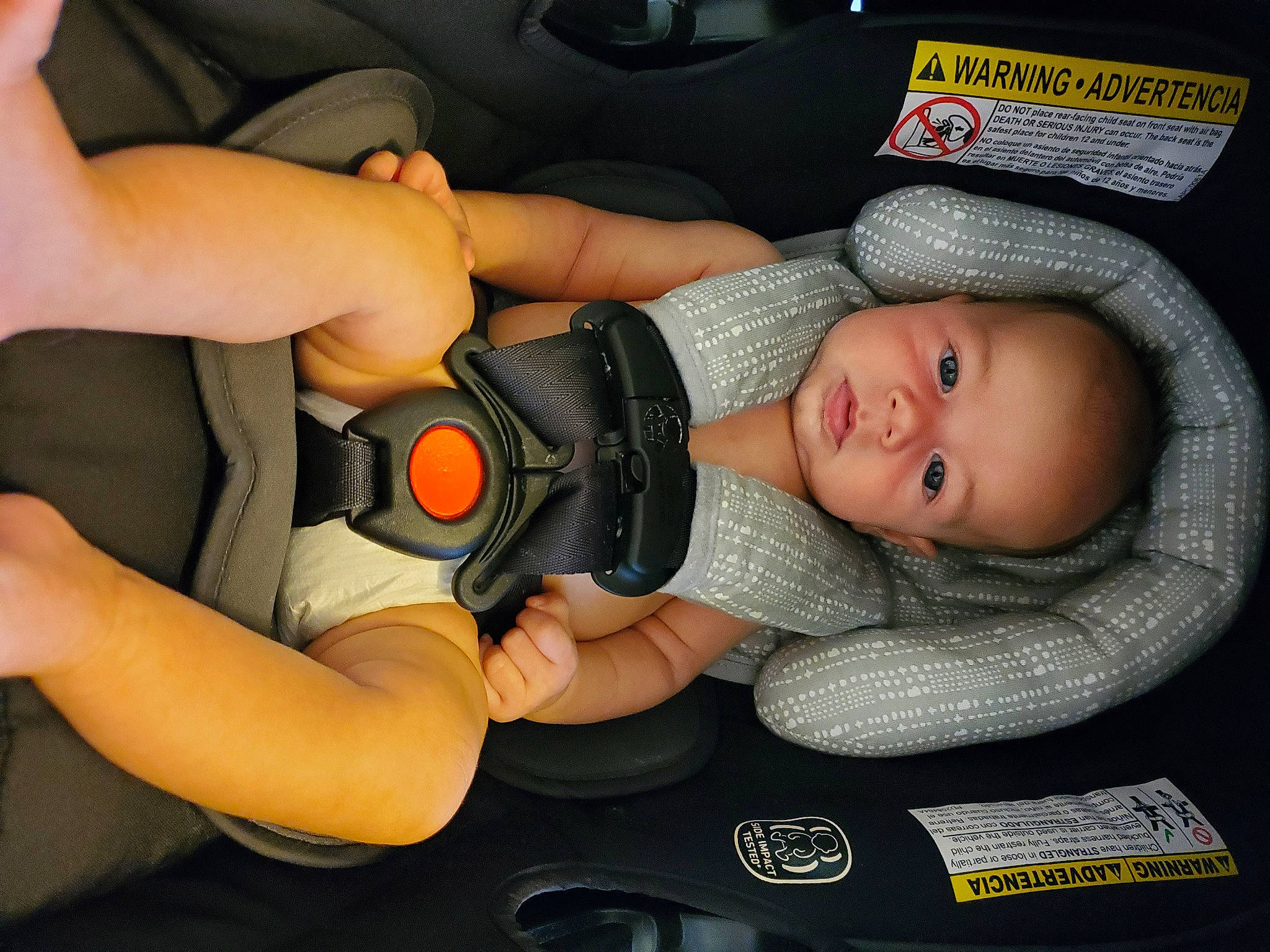 Jaxson is registered to the contest to win money with this photo: auto_part, baby, baby_carriage, baby_in_car_seat, baby_products, baby_safety, baby_toddler_clothing, car_seat, child, comfort, elbow, fun, hat, mouth, nail, person, smile, thigh, thumb, toddler