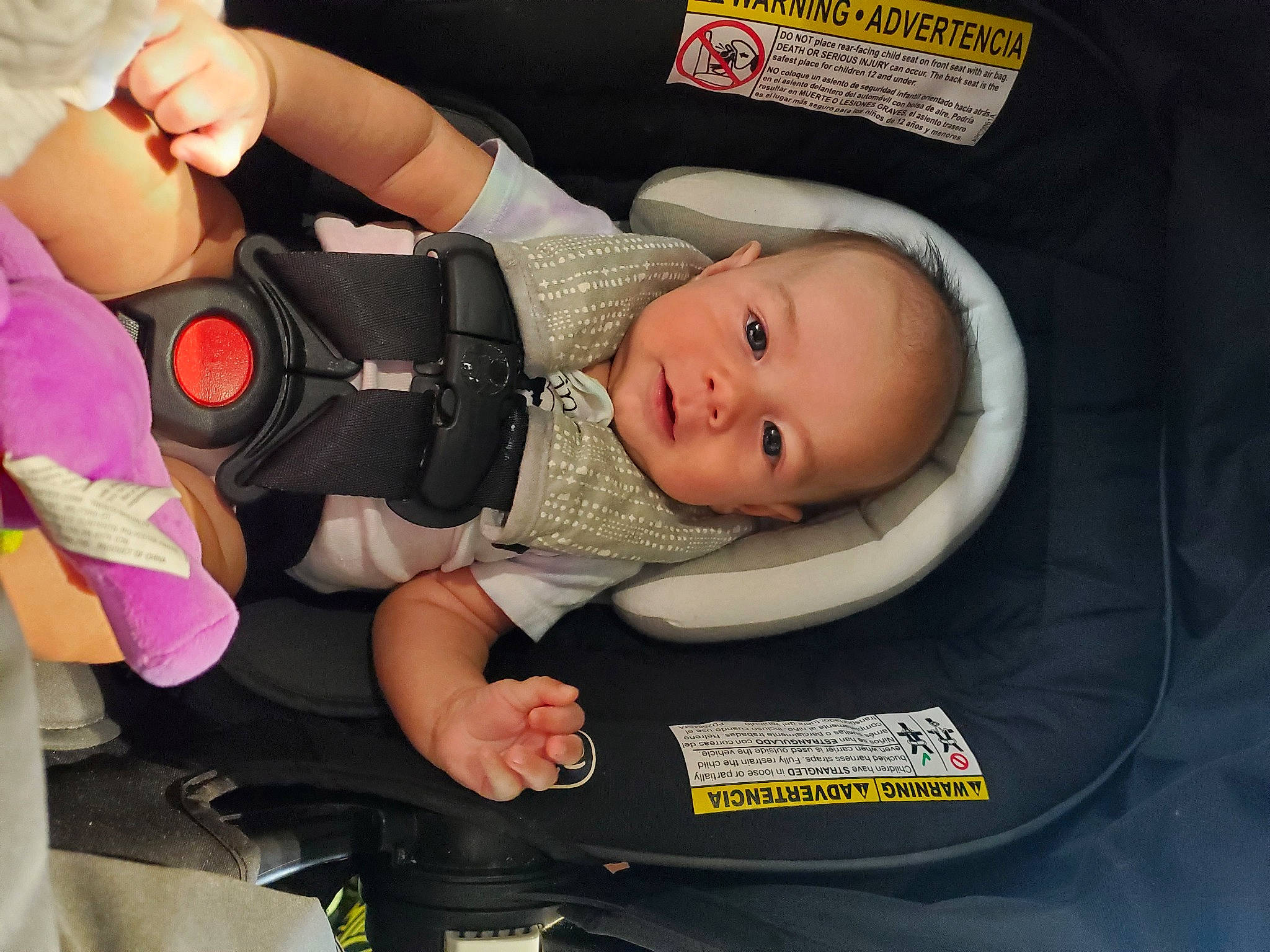 Jaxson is registered to the contest to win money with this photo: auto_part, baby, baby_carriage, baby_in_car_seat, baby_products, baby_safety, baby_sleeping, baby_toddler_clothing, car_seat, comfort, fashion_accessory, fun, hand, person, personal_protective_equipment, sitting, smile, thumb, toddler, wrist