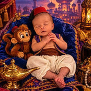 Jayson joined the competition — help win amazing prizes! baby, blue_fabric, costume, cushions, dramatic_lighting, fez, indoor, infant, jewelry, lantern, magic_lamp, monkey_toy, oriental_theme, palace, peaceful, portrait, sleeping, stuffed_animal, treasure, velvet