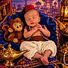 baby, blue_fabric, costume, cushions, dramatic_lighting, fez, indoor, infant, jewelry, lantern, magic_lamp, monkey_toy, oriental_theme, palace, peaceful, portrait, sleeping, stuffed_animal, treasure, velvet