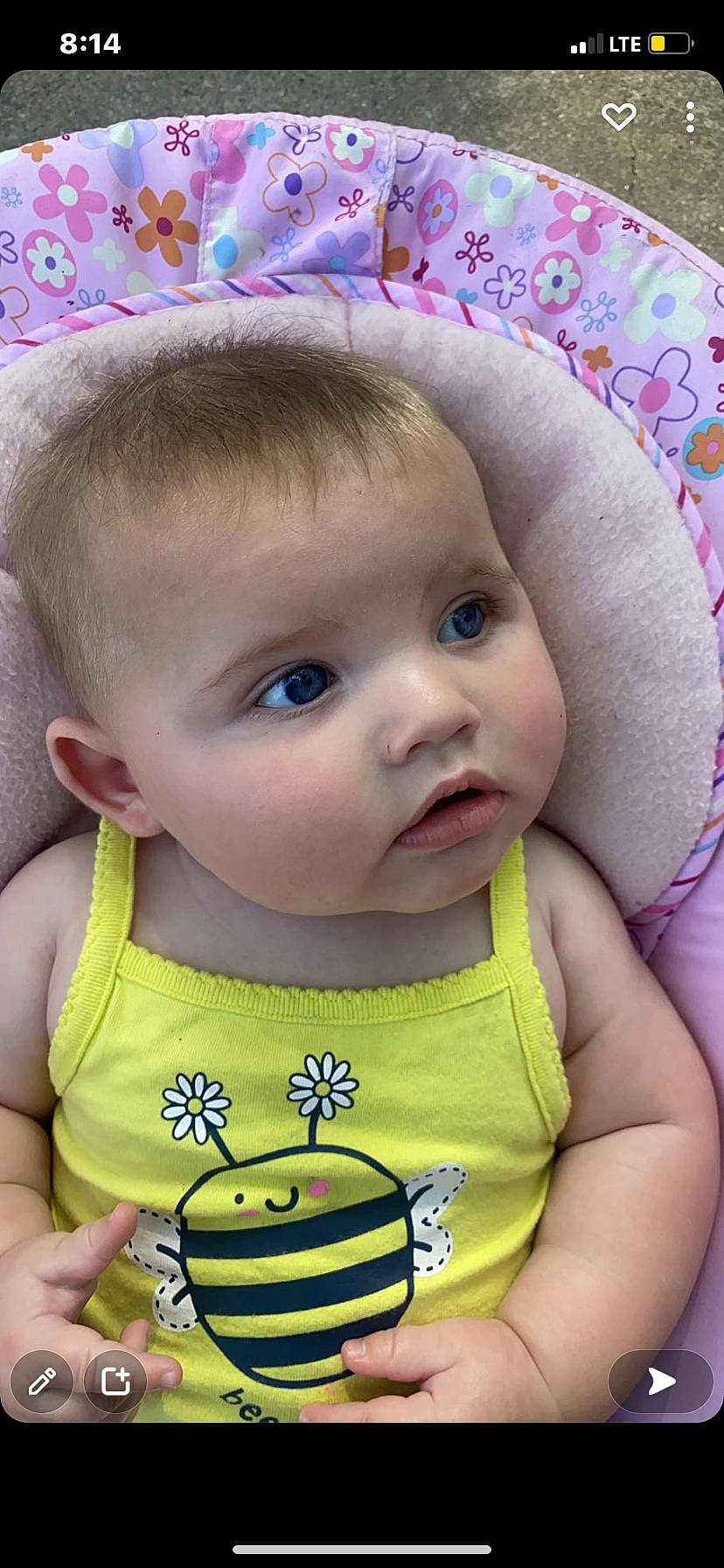 Georgia is registered to the contest to win money with this photo: baby, baby_toddler_clothing, cheek, chin, clothing, eye, eyebrow, eyelash, face, facial_expression, green, hairstyle, head, iris, lip, nose, organ, person, product, skin