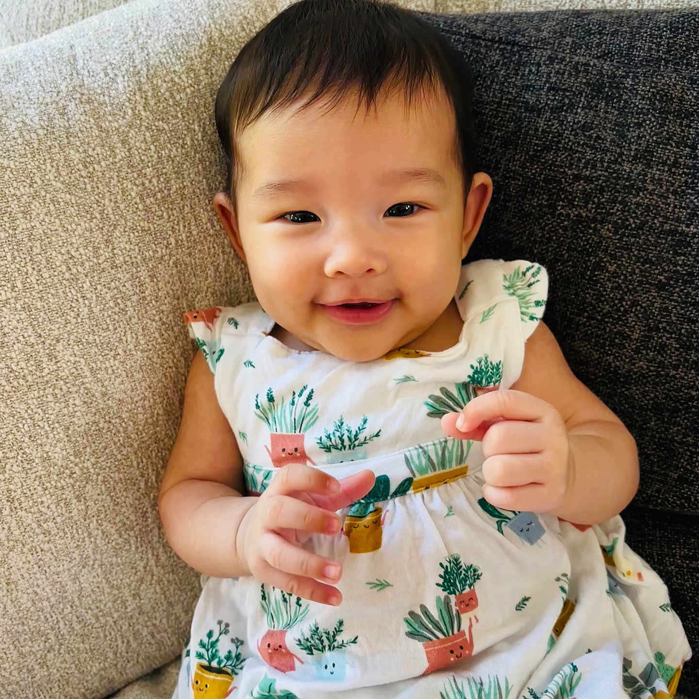 Ember is registered to the contest to win money with this photo: baby, babylaughing, bodypart, brush, couch, cushion, device, face, finger, furniture, hand, happy, head, homedecor, person, photography, portrait, smile, tool, toothbrush