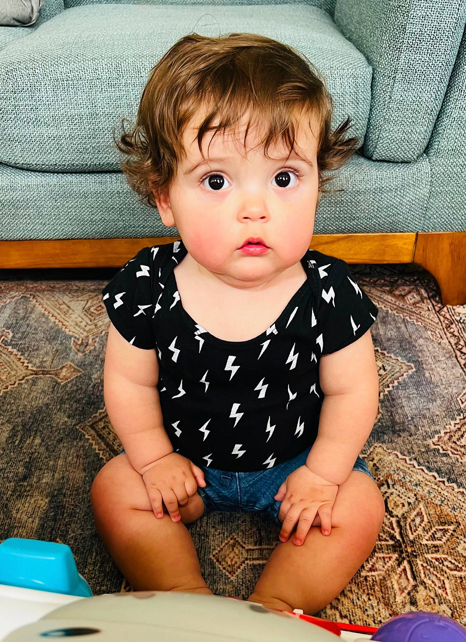 Cameron joined the competition — help win amazing prizes! baby, baby_toddler_clothing, blue, cheek, child, comfort, dishware, eye, flooring, fun, hair, happy, iris, pattern, person, plate, sitting, skin, sleeve, tableware