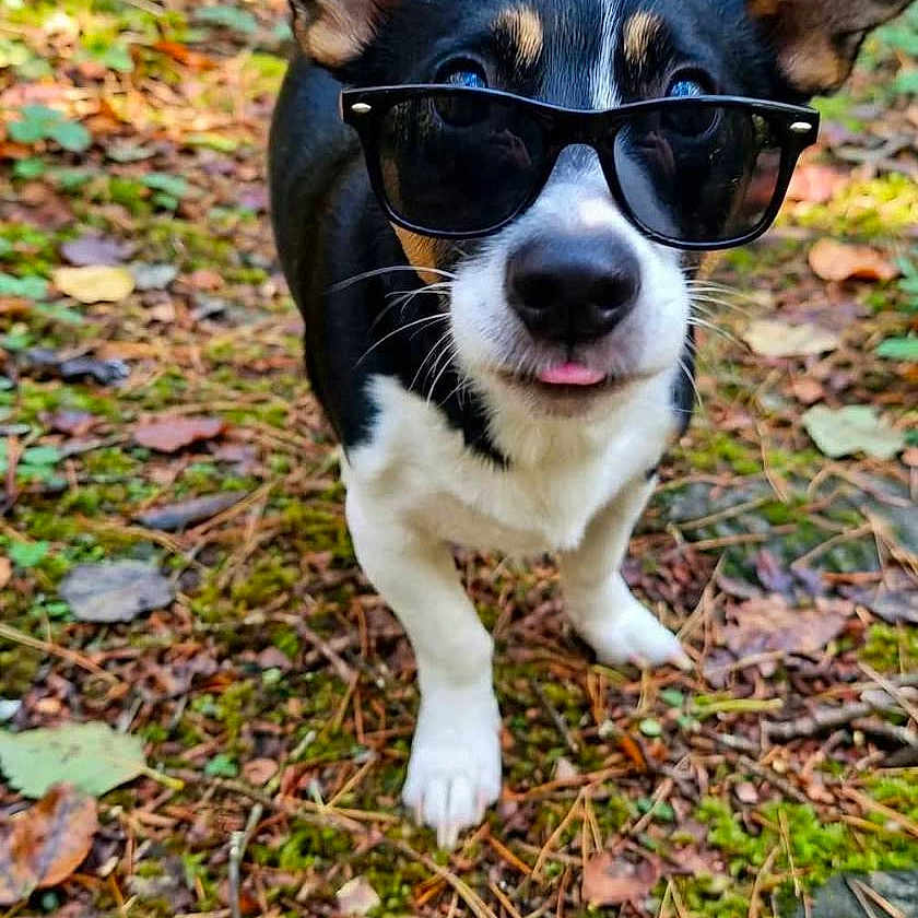 Ary participe au concours pour gagner de l'argent avec cette photo : dog, sunglasses, forest, woodland, trail, outdoors, nature, portrait, standing, black_and_white, pet, canine, ears, nose, tongue, fur, leaves, moss, playful, fashionable