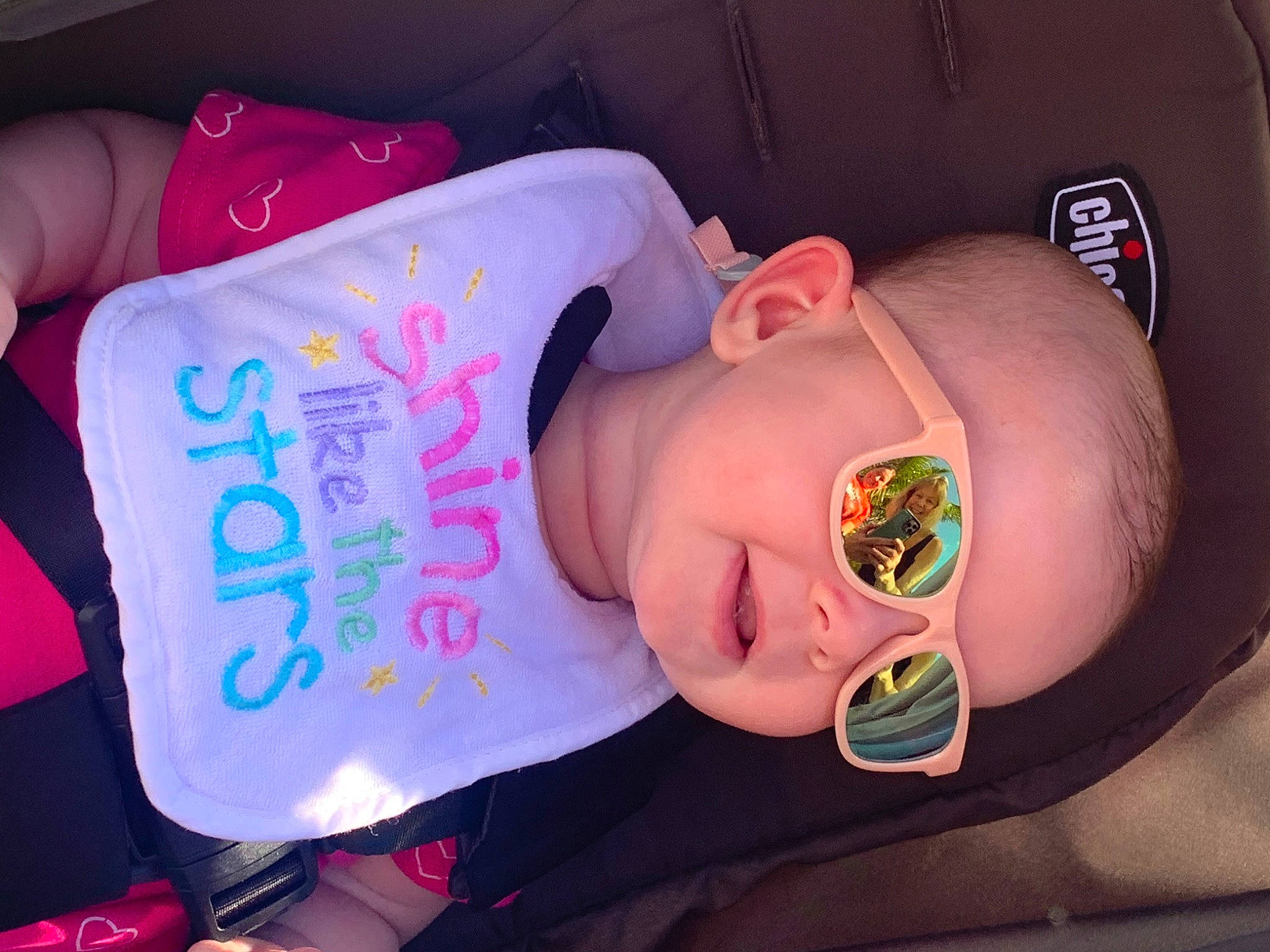 Madeline joined the competition — help win amazing prizes! baby, baby_toddler_clothing, beauty, cheek, child, comfort, design, eyewear, facial_expression, finger, fun, glasses, handwriting, happy, headgear, human, person, pink, product, skin