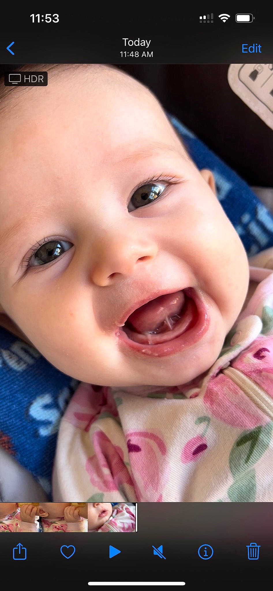 Madeline is registered to the contest to win money with this photo: baby, cheek, child, ear, eyebrow, eyelash, facial_expression, fun, happy, iris, jaw, lip, mouth, nose, person, pink, skin, smile, toddler, tongue
