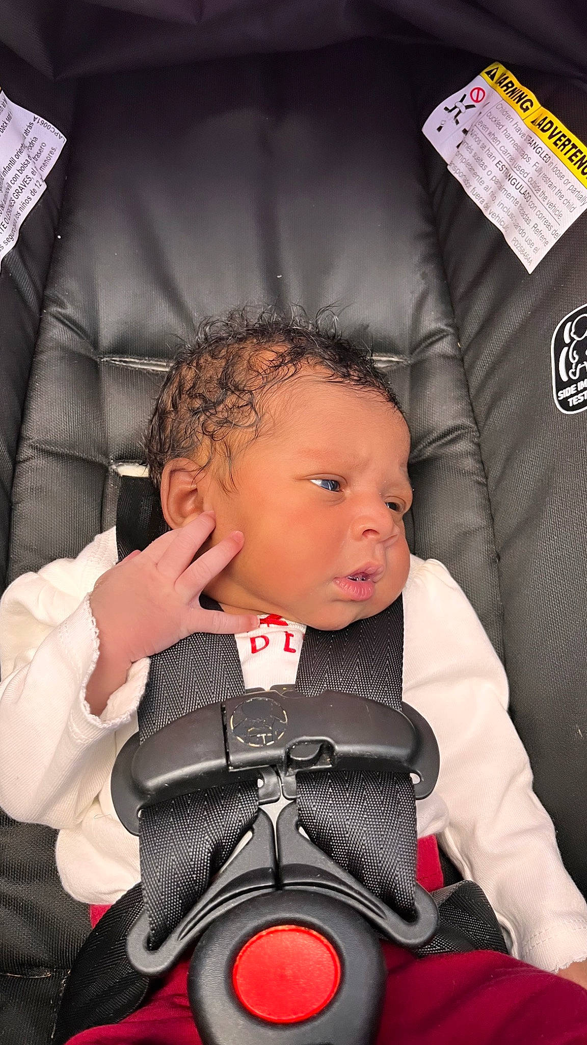 Mulani is registered to the contest to win money with this photo: auto_part, automotive_design, baby, baby_carriage, baby_products, baby_toddler_clothing, car_seat, carmine, cheek, child, comfort, fun, head_restraint, luxury_vehicle, person, personal_protective_equipment, seat_belt, sitting, sleeve, steering_wheel