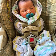 Angel is registered to the contest to win money with this photo: baby, infant, car_seat, pacifier, swaddle, patterned_cloth, plaid, safety_harness, child, face, head, sleepy, indoors, seatbelt, cute, newborn, comfort, resting, young_child, fabric