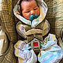 baby, infant, car_seat, pacifier, swaddle, patterned_cloth, plaid, safety_harness, child, face, head, sleepy, indoors, seatbelt, cute, newborn, comfort, resting, young_child, fabric
