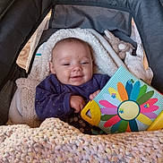 Clara participe au concours pour gagner de l'argent avec cette photo : baby, infant, child, stroller, blanket, knit_blanket, toy_book, colorful_toy, smile, happy, face, hand, purple_clothing, plush_toy, bedding, cozy, portrait, indoor, closeup, young