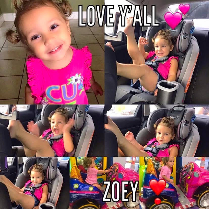 Zoey is registered to the contest to win money with this photo: arm, baby_toddler_clothing, child, face, facial_expression, fun, happy, joy, organ, people, person, photograph, pink, product, sharing, shorts, sleeve, smile, tire, toddler