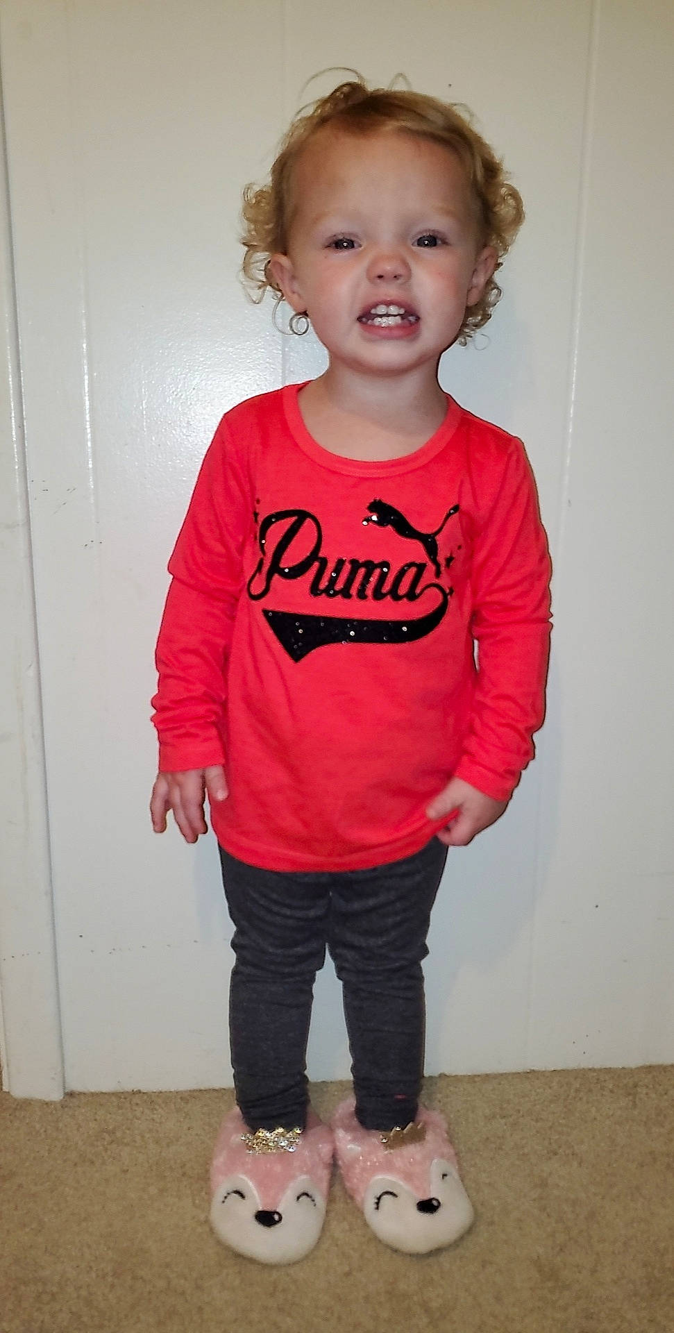 Jadelyn is registered to the contest to win money with this photo: baby_toddler_clothing, child, child_model, clothing, long_sleeved_t_shirt, outerwear, pajamas, person, pink, product, sleeve, smile, standing, t_shirt, toddler, top