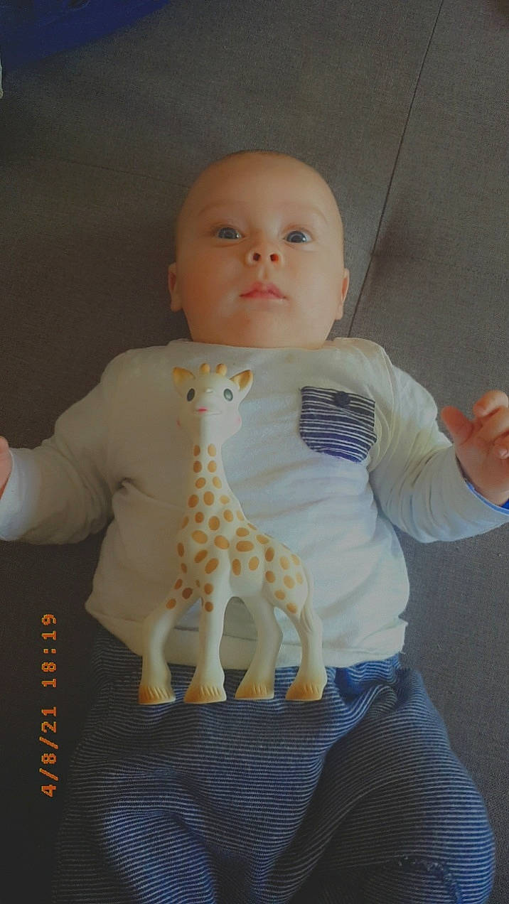 Alessio participe au concours pour gagner de l'argent avec cette photo : art, baby_toddler_clothing, electric_blue, fawn, finger, gesture, giraffe, giraffidae, human_body, jaw, joint, nail, neck, nose, pattern, person, sleeve, textile, thumb, toddler