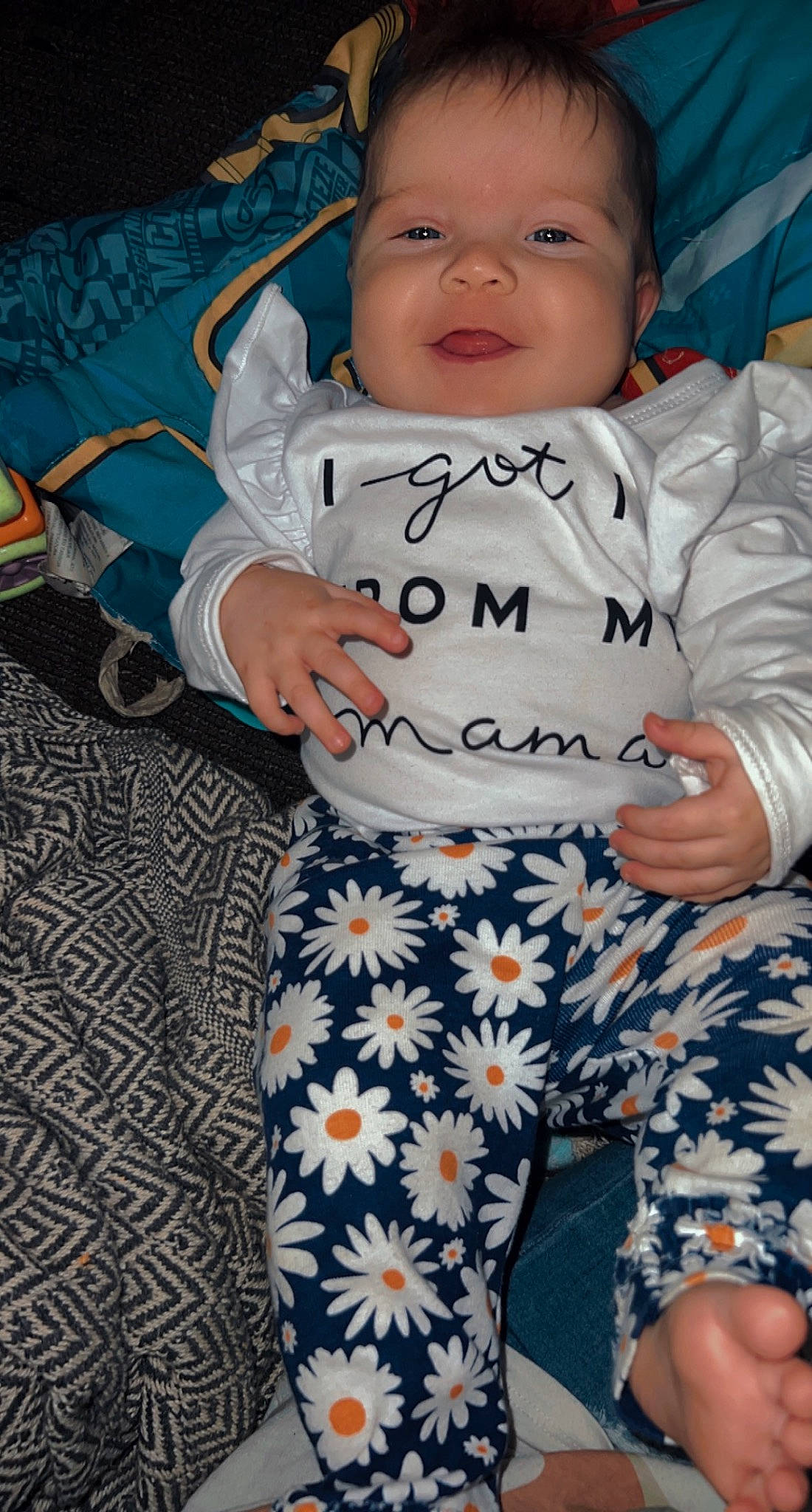 Nevaeh is registered to the contest to win money with this photo: baby, baby_safety, baby_toddler_clothing, child, comfort, cool, electric_blue, facial_expression, fun, hairstyle, happy, orange, pattern, people, person, sleeve, smile, textile, toddler, white