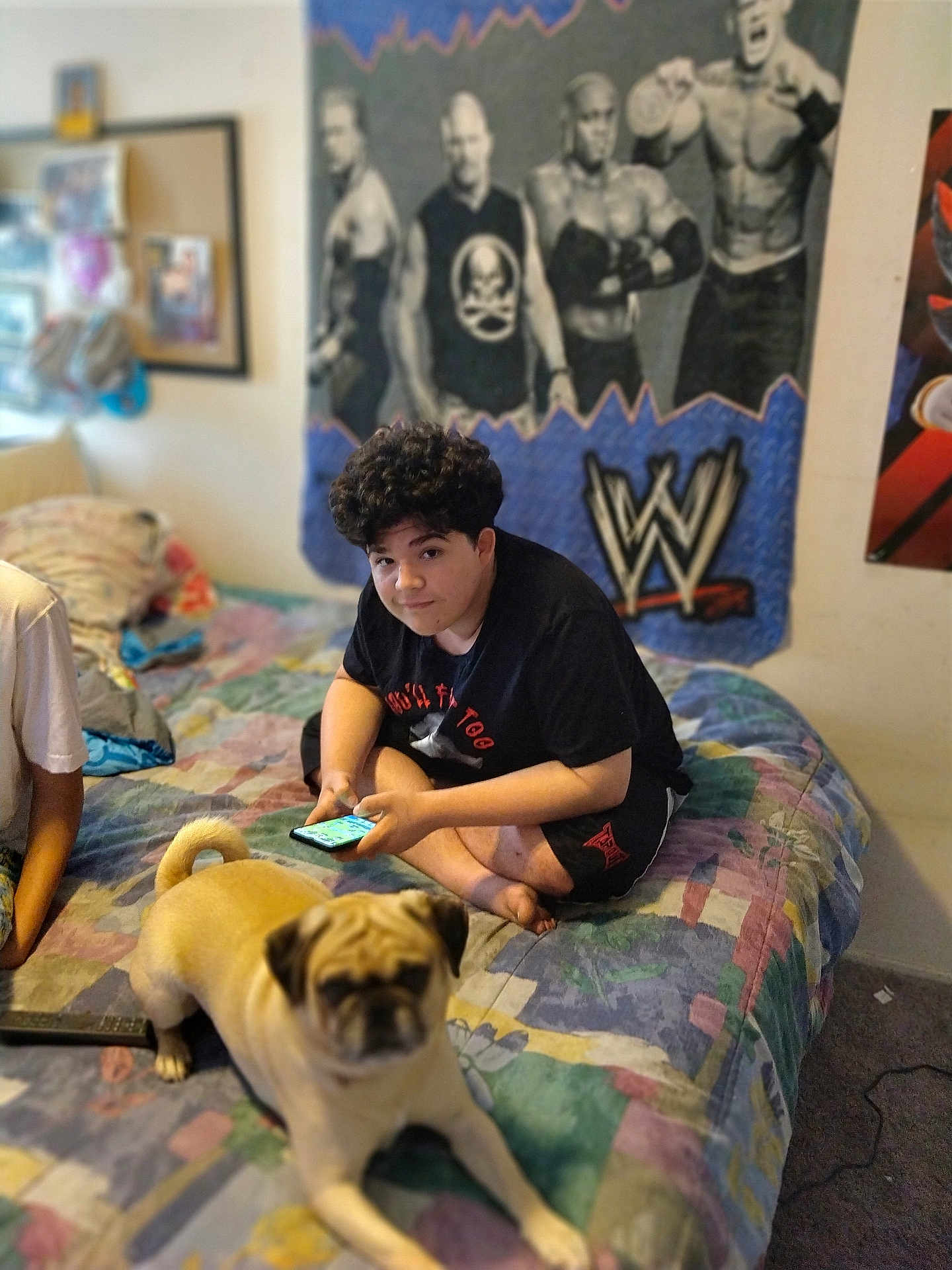 Max is registered to the contest to win money with this photo: person, dog, pug, bed, phone, poster, wwe, room, indoor, carpet, curly_hair, black_shirt, shorts, furniture, blanket, remote_control, wall_art, relaxed, casual, sitting