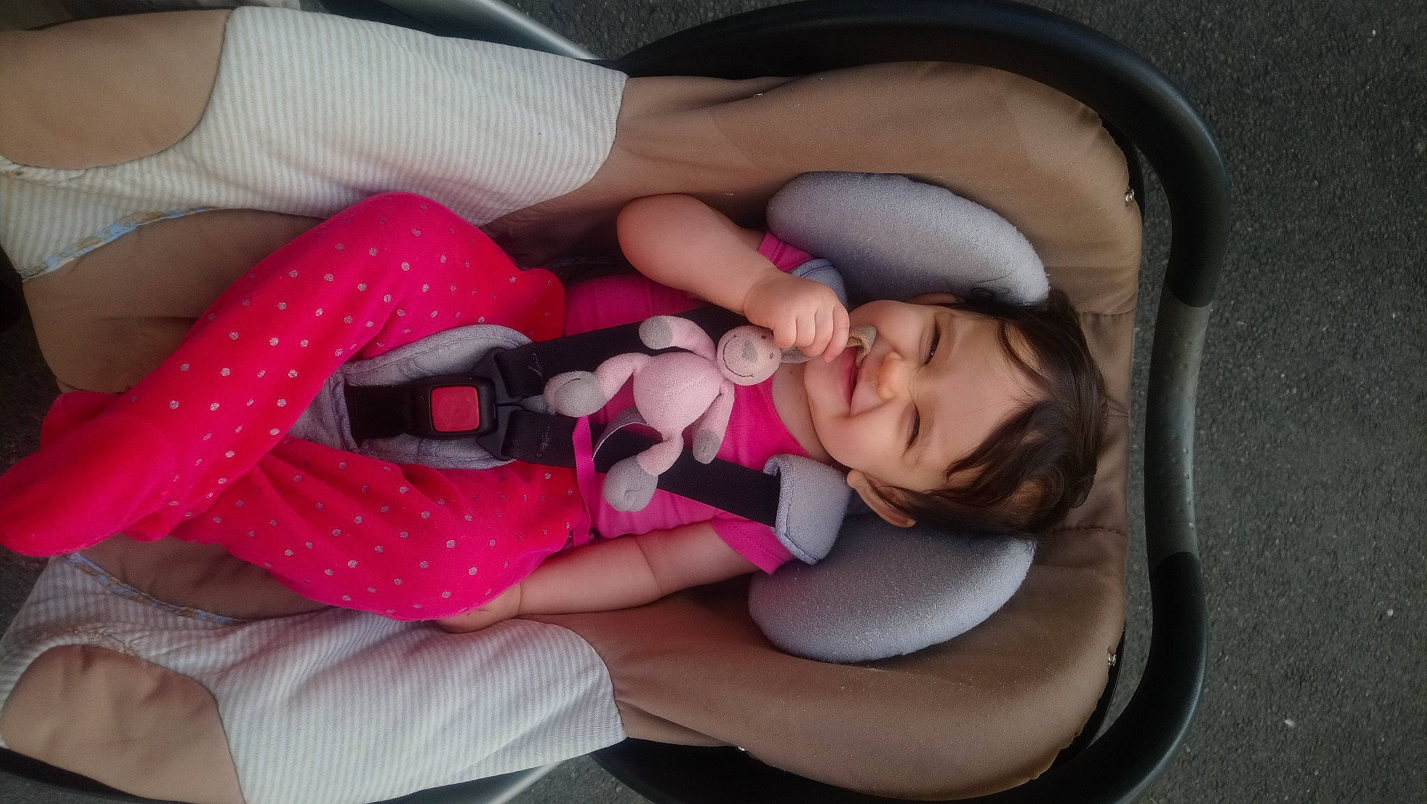 Emma participe au concours pour gagner de l'argent avec cette photo : baby, baby_carriage, baby_in_car_seat, baby_products, baby_toddler_clothing, car_seat, cheek, comfort, design, finger, human_leg, joy, lap, mouth, nail, person, pink, textile, thigh, thumb