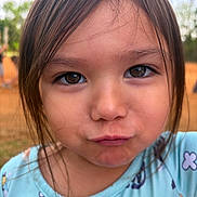 Journey is registered to the contest to win money with this photo: child, close_up, face, brown_eyes, hair, pout, playful, outdoor, nature, shirt, cartoon_print, young, portrait, cute, expression, person, skin, eyebrows, childhood, daylight