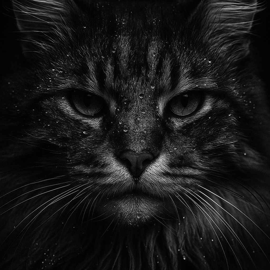 Chinchan participe au concours pour gagner de l'argent avec cette photo : animal, black_and_white, cat, close_up, dark_background, detailed, ears, eyes, face, fur, intense_look, majestic, moody, muzzle, nature, portrait, texture, water_droplets, whiskers, wildlife