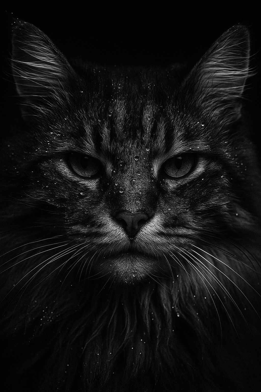Chinchan participe au concours pour gagner de l'argent avec cette photo : cat, close_up, black_and_white, portrait, water_droplets, whiskers, fur, animal, intense_look, dark_background, majestic, detailed, eyes, face, muzzle, ears, moody, texture, wildlife, nature
