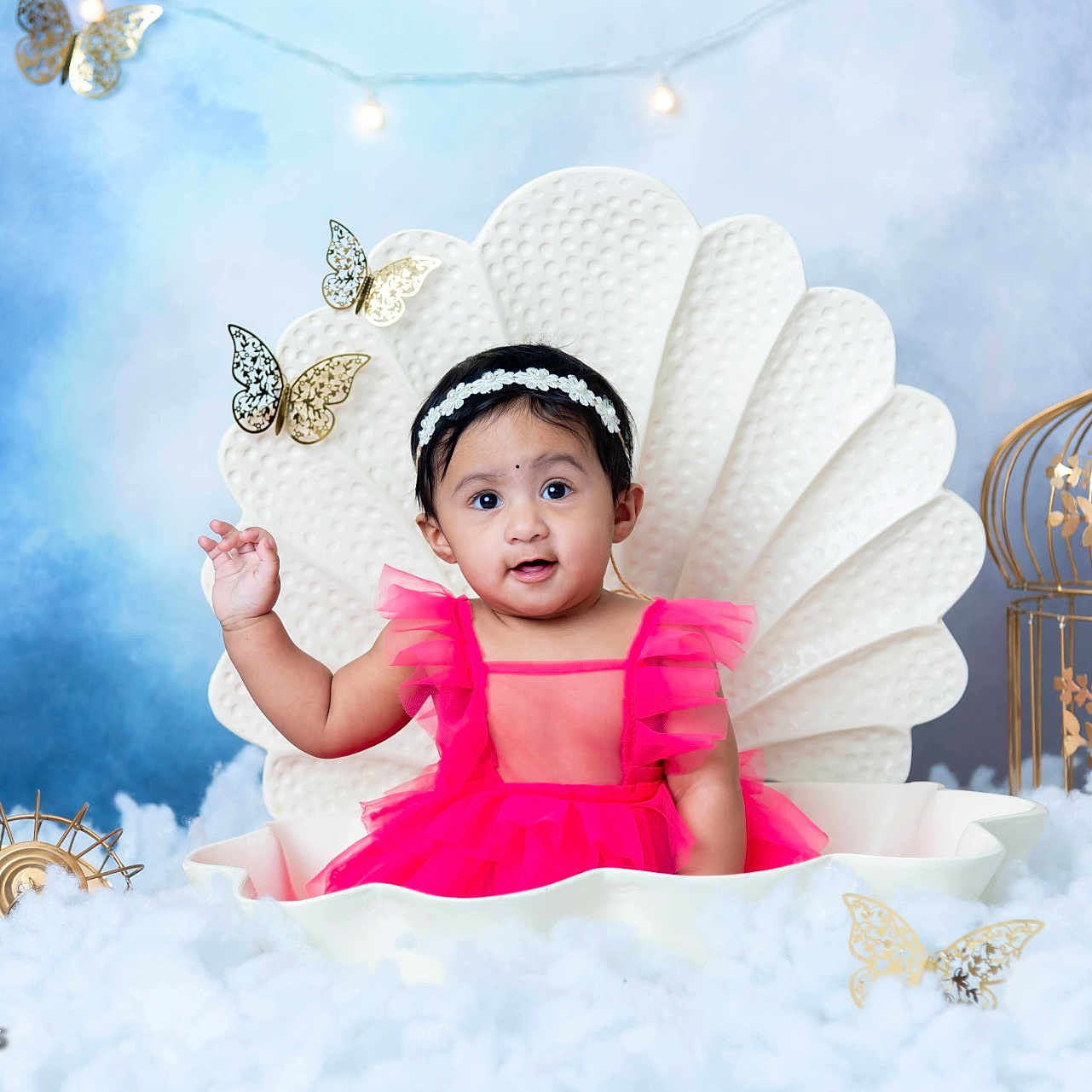 Siyara Reddy is registered to the contest to win money with this photo: baby, bright_colors, butterflies, child, cute, decor, face, fluffy_clouds, golden_birdcage, happy, headband, indoor, infant, pink_dress, portrait, shell_seat, sitting, smiling, studio_photo, whimsical