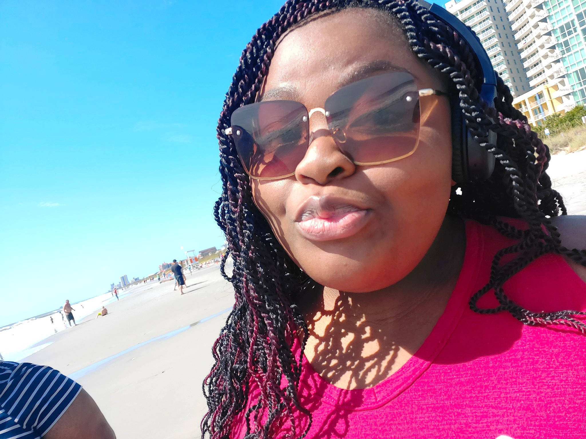 Sa'Koyia is registered to the contest to win money with this photo: beauty, black_hair, cool, cornrows, eyewear, face, forehead, fun, glasses, hair, hairstyle, happy, human, lip, person, selfie, sky, smile, summer, sunglasses
