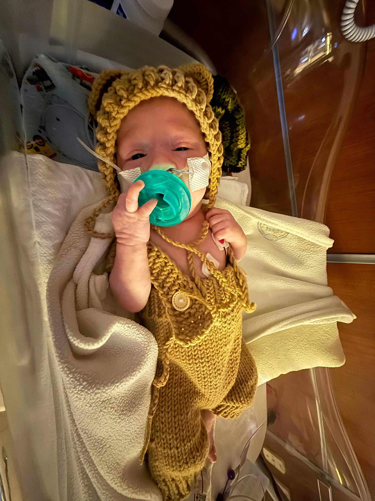Easton is registered to the contest to win money with this photo: newborn, baby, hospital, incubator, knitted_outfit, pacifier, medical_tubes, crib, blanket, infant, person, cute, wearing, headgear, bed, healthcare, small, wrapped, lying, child