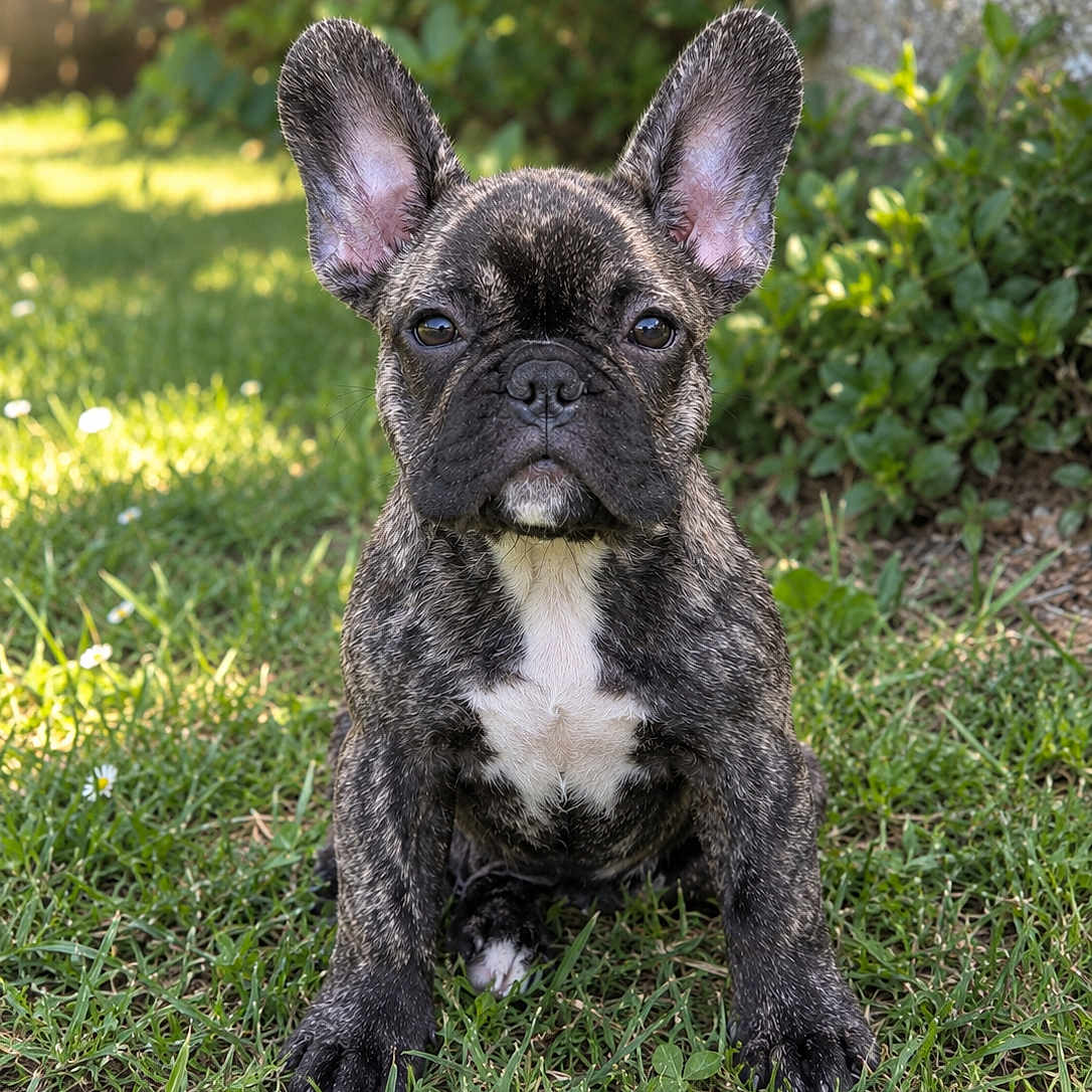 Pookie participe au concours pour gagner de l'argent avec cette photo : dog, french_bulldog, puppy, sitting, outdoor, garden, grass, lawn, ears, brindle_coat, white_chest, short_snout, wrinkles, dark_eyes, portrait, pet, animal, greenery, daisies, sunlight