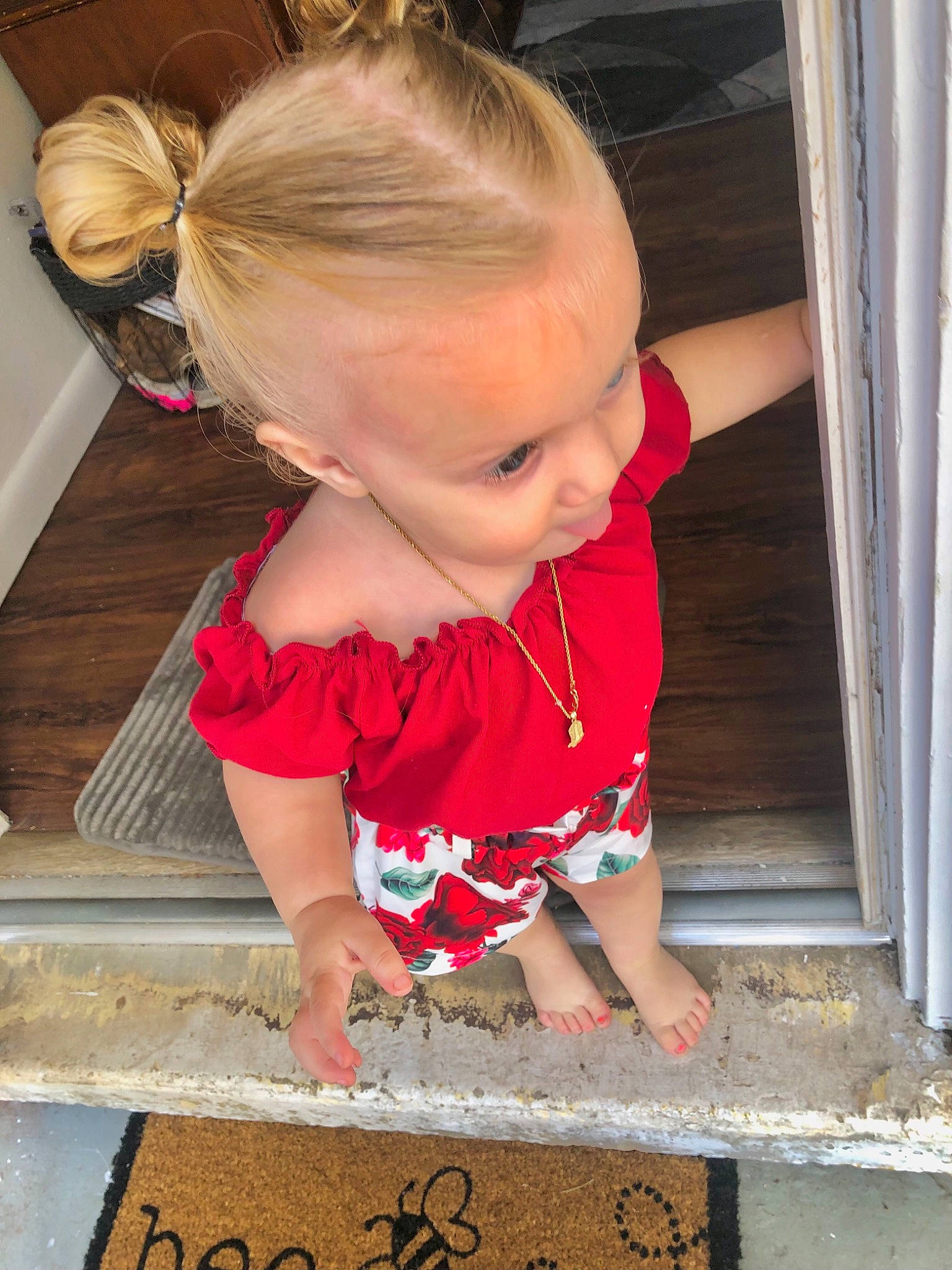 Carleigh joined the competition — help win amazing prizes! baby_toddler_clothing, blond, child, curtain, design, dress, finger, flooring, happy, human_leg, magenta, people, person, photograph, pink, red, sleeve, stairs, toddler, window