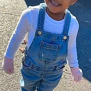 A'Moura joined the competition — help win amazing prizes! child, toddler, smiling, outdoor, sunlight, denim_overalls, blue_bow, white_shirt, sneakers, pavement, shadow, happy, person, standing, cute, young_child, casual_clothing, daylight, playful, small_child
