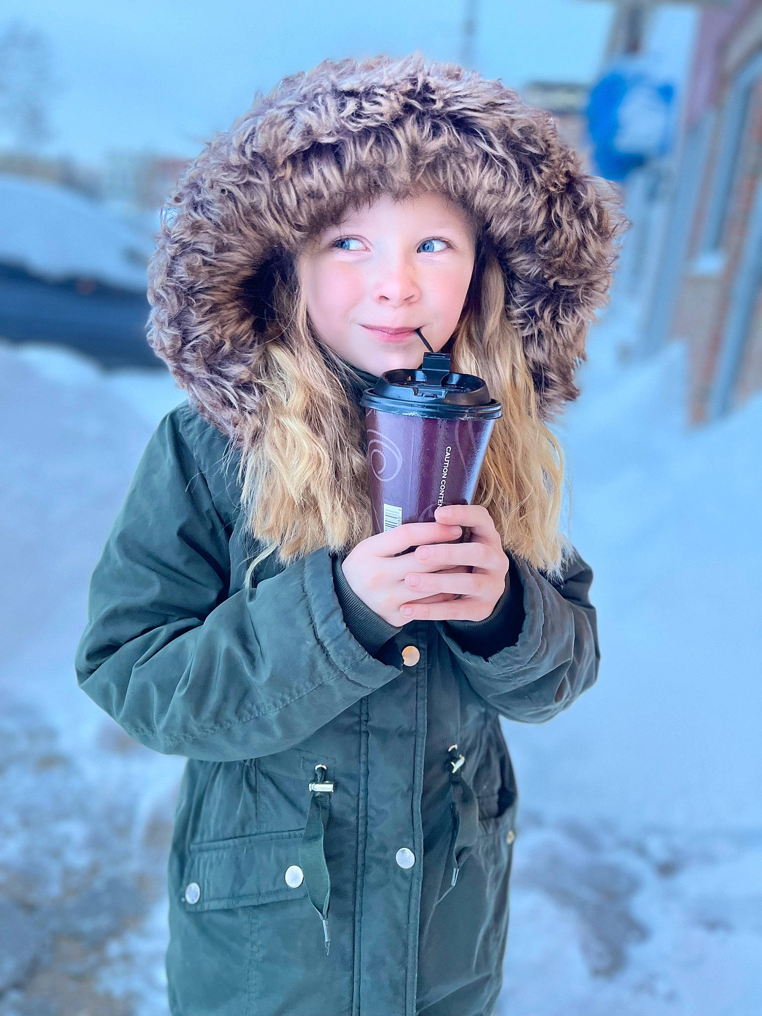 Jaymi is registered to the contest to win money with this photo: cap, denim, electric_blue, face, freezing, fur_clothing, happy, hat, headgear, headwear, human_body, jacket, long_hair, parka, person, photograph, sleeve, smile, snow, street_fashion