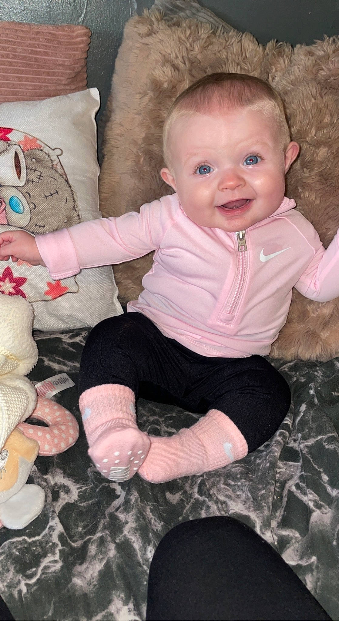 Ava-mae joined the competition — help win amazing prizes! baby, baby_toddler_clothing, cheek, child, comfort, eye, finger, fun, hand, happy, leg, pattern, people, person, photograph, pink, sitting, skin, sleeve, smile