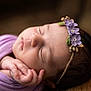 newborn, baby, sleeping, flower_headband, purple_cloth, closeup, soft_light, portrait, infant, peaceful, hand, skin, face, delicate, cute, resting, indoors, warm_tones, head, child