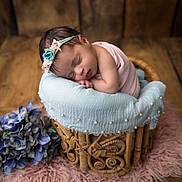 Amalyah participe au concours pour gagner de l'argent avec cette photo : baby, newborn, sleeping, basket, flower, headband, wooden_floor, pink_clothing, blue_cloth, pearls, fluffy_rug, purple_flowers, infant, peaceful, portrait, cute, indoors, soft_lighting, resting, decor