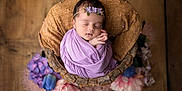 Amalyah a rejoint le concours — aidez-le/la à gagner de superbes lots ! newborn, baby, sleeping, wrapped, lavender, headband, flower, basket, wooden, rustic, pink, fur, soft, cute, peaceful, portrait, infant, decor, floor, closeup